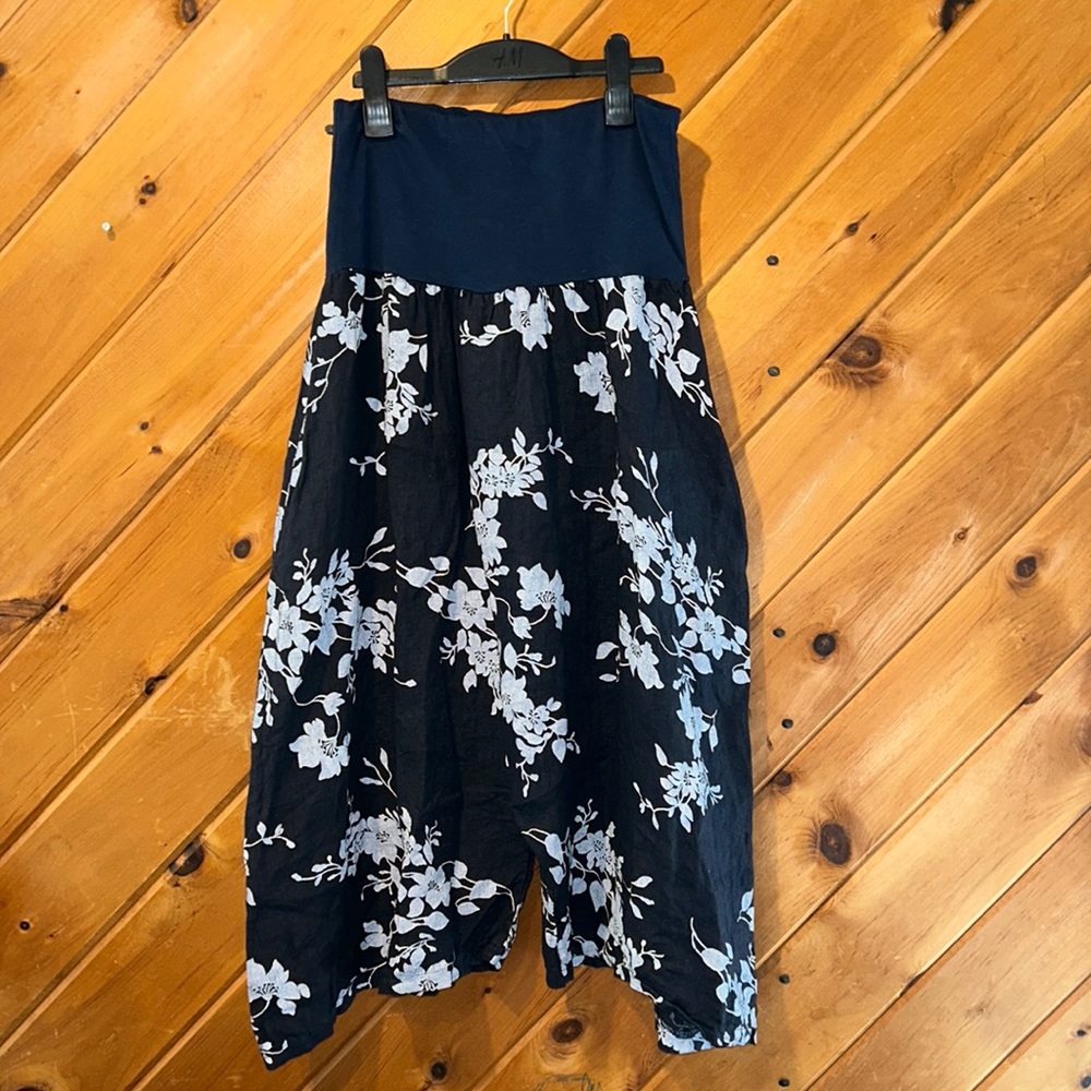 NWT C.Valentyne linen navy floral strapless gaucho jumpsuit